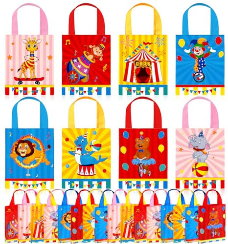 Photect 32 Stück Zirkus Karneval Party Favor Bags Karneval Geschenktüten Vlies Zirkus Leckereien Süßigkeiten Goodie Verpackung mit Griffen für Geburtstag Babyparty Dekoration Showman Mottoparty