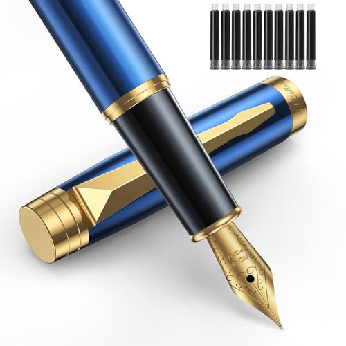 AIBelire Fountain Pen,Smooth Writing Metal Water Pen,Fine Nib Fountain Pen with 10 2.6mm Black Ink Cartridges,Ink Refill Converter, Gift Case,Nice Pen Gift for Men and Women
