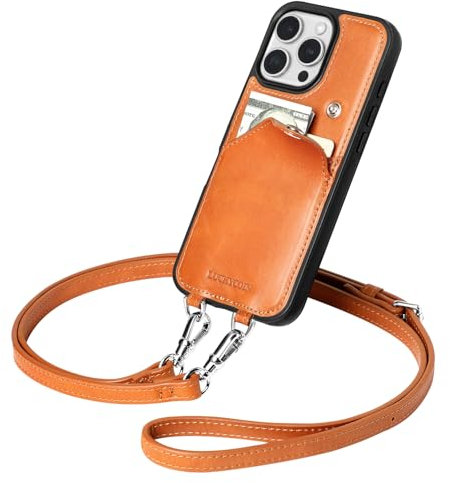 LUCKYCOIN Wallet Phone Case for iPhone 16 Pro with Wrist Strap/Card Holder,Fashion Travel Crossbody Case for Women,Genuine Leather Purse Cover for Girl,Pouch Case with Adjustable Neck Cord-Brown