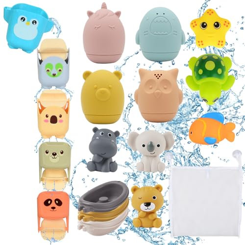 Conjunto Juguetes para Baño, 19 Piezas Juguetes Bañera para Bebe Baby Bath Toys Squeeze Toys Juguete Apilable Juego de Ducha Juegos de Agua Juguetes Piscina Juguetes Playa para niños de 1 2 3 4 años