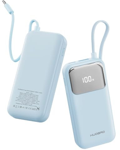 HUOBAO Power Bank 10 000 mAh Câble USB-C intégré, batterie externe PD 35 W, charge rapide avec entrée et sortie USB-C, chargeur portable, petit écran LCD, pour iPhone, Samsung, iPad et plus encore