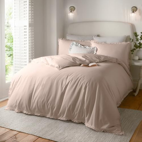 furn. Wylder Nature Tilly Duvet Cover Set – 100% Tumbled Cotton Minimal Ruffle Bedding with Elegant Trim (Blush Pink - Double)