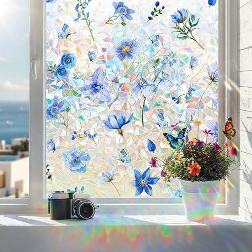Coavas Stained Glass Window Privacy Film, 3D Rainbow Floral, 17.5 x 118.1 | Prism Decorative Window Film, Static Cling No Glue Removable Window Covering, UV Blocking Anti Glare for Bathroom, Blue