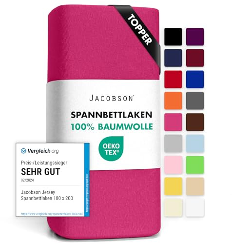 Jacobson Jersey Spannbettlaken Spannbetttuch Baumwolle Bettlaken (Topper 180-200x200 cm, Pink)