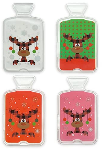 Handwärmer Taschenwärmer Sets wiederverwendbar, Wärmepad für kalte Tage und für unterwegs, Wärmeknickkissen mit tollen Motiven (4er-Set Wärmflasche Rentier Paule)
