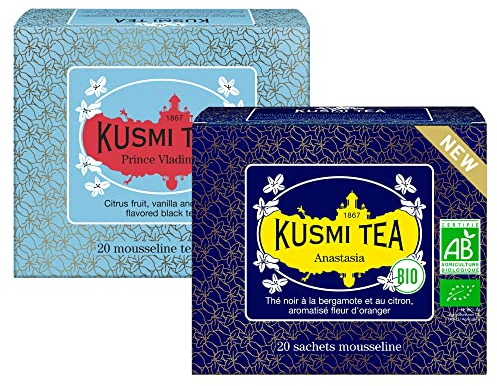 Kusmi Tea - Anastasia & Prince Vladimir - Lot de 2 boîtes -Thé Noir Biologique - Iconique Earl Grey à la Bergamote, à l'Orange et au Citron - Thé caféiné - 2x20 Sachets de Thé