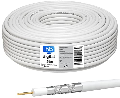 hb-digital Cable coaxial de 25 m, cobre puro, CU, diámetro de 7,3 mm, 135 dB, cable coaxial SAT | 75 Ω ohmios cable de antena satélite 5 vías apantallado | para instalaciones DVB-S/S2 DVB-C/C2