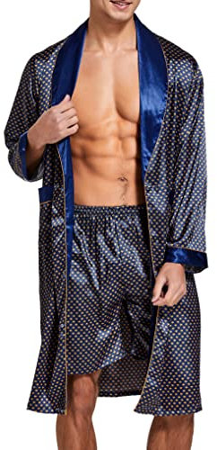 Herren Satin Bademantel, Leichter Seiden Langarm Bademantel mit Shorts Set, Spa Kimono Nachtwäsche (Blau mit Golden, L)