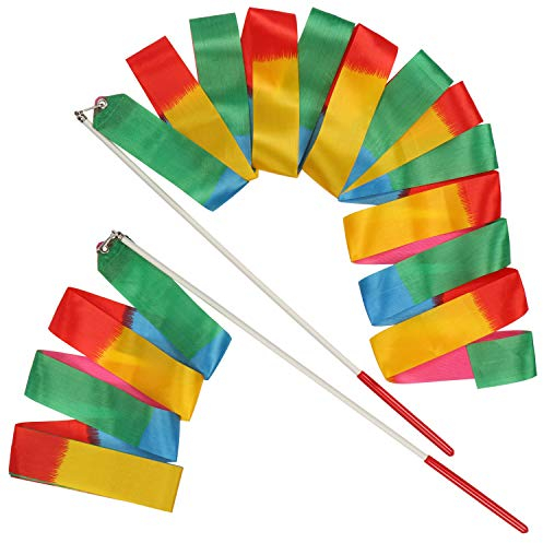 com-four® 2X Gymnastikband mit Stab - Rhythmisches Sportgymnastik Band - Tanzband mit Stab - Buntes Schwungband