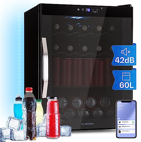 KLARSTEIN Mini Nevera Portatil Electrica Puerta Cristal para Dormitorios, Control IoT/App, Nevera Pequeña Silenciosa Vino, Frigorificos Pequeños con Estantes Extraíbles, Minibar 3-18°C, 60 l.