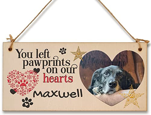 Personalised Wooden Plaque with Photo and Text Pawprints on our Hearts Pet Remembrance Gift Hanging Home Decor
