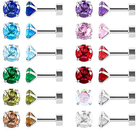 12 Pairs Surgical Stainless Steel Flat Back Stud Earrings, Screw Back Heart Star Square Teardrop Gold Plated Cubic Zirconia CZ Birthstone Stud Earrings Set (Silver round 3mm)