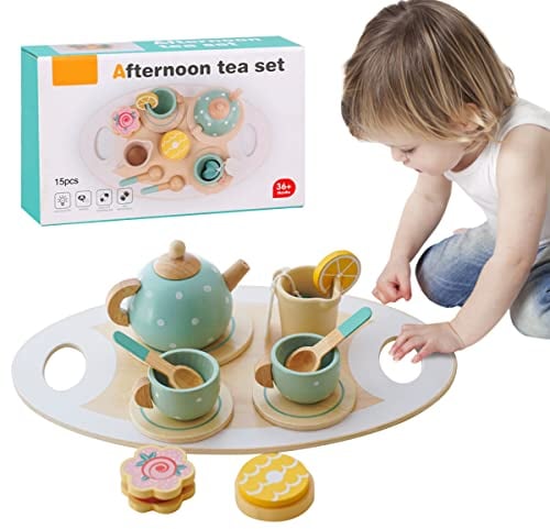 Your's Bath 14Pcs Tea Set Toy Wooden Tea Set for Toddlers Afternoon Tea Set Toy Tea Party Set Learning Role Play Funny Dessert Food Kid Playset Interactive Simulation (A)