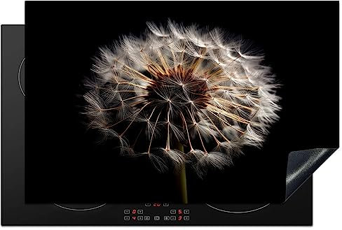 KitchenYeah© Herdabdeckplatte Einteilig Ceranfeld Abdeckplatte Küche Deko Ceranfeldabdeckung Herdabdeckung Induktionsmatte Blumen - Natur - Löwenzahn - Schwarz und Weiß - Pusteblume - 80x52 cm