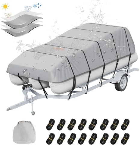VEVOR Housse de Bateau Ponton de 579 à 609 cm, Bâche de Bateau Imperméable 800D de Qualité Marine et Remorquable, Couverture de Protection avec Housse de Moteur, 16 Sangles à Boucle Coupe-Vent, Gris