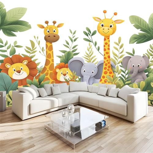 Tapete Fototapete 3d Effekt Cartoon-Dschungeltier-Giraffe 350x256cm Wandbild Wanddeko für Wohnzimmer Schlafzimmer, GrüN Vlies Tapeten mit Geruchsfreiheit Wandposter Wandkunst