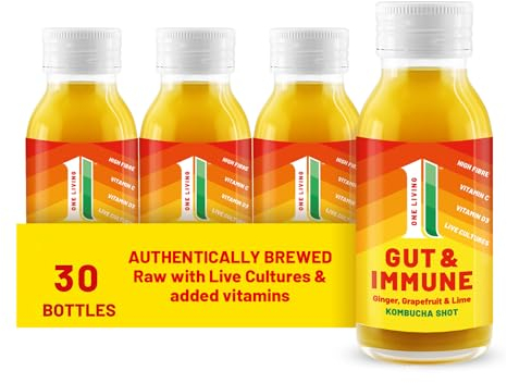 One Living Kombucha Drink Health Shots - Ginger, Grapefruit & Lime - 30 x 60ml Bottles - High Fibre, Live Cultures, Low Sugar, 100% Natural, Vegan - Supporting Gut & Immune Health