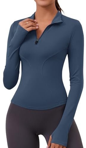 Rapbin Women's Gym Tops Ladies Sports Running T-Shirt Activewear Yoga Workout Top with Thumb Holes Hiking Cycling Shirts Slim Fit (Grey Blue,L)