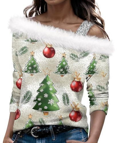 Off Shoulder Weihnachtsshirt Damen Glitzer Chritmas Drucken Oberteile Ugly Pullover Mesh Langarm Tunika Tops Langarmshirts Bluse Elegant Slim Fit Weihnachtsbluse Weihnachtspullover(Green,XL)