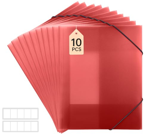 FRETONBA Postmappe A4 Schule, Sammelmappe 10 Stück, Eckspannermappe, Rot | Elastische Bandbefestigung, Schnellhefter A4 PP-Material Robust und Langlebig, Dokumentenmappe, Transparent