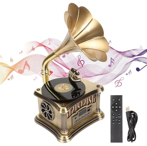 Giradischi Bluetooth con telecomando, mini altoparlanti grammofono, ricaricabile tramite USB, suono stereo HiFi, perfetto per regali e decorazioni per la casa