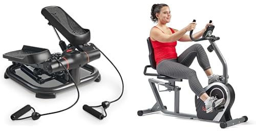 Sunny Health & Fitness Exercise Bikes, Magnetic Recumbent Bike + 2-in-1 Premium Power Stepper W/Resistance Bands, Low-Impact Cardio, Space-Saving, Adjustable