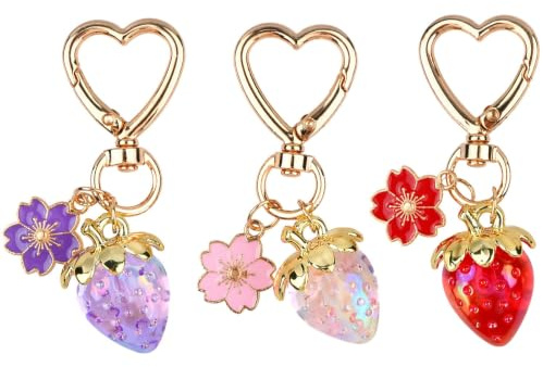 Lot de 3 Porte clés Fraise et Sakura, Accessoires de Sac Kawaii pour Femme et Fille, Mignons Breloques pour Sac à Main et Voiture - Idée Cadeau