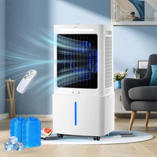 Enfriador de aire 25L bajo consumo 80W, 2000m³/h, 3 vel., 3 modos, mando, temporizador 12h, oscilación, 2 bloques hielo, para 15-20m²