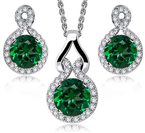 Crystalline Azuria Rund Grüner simulierter Smaragd Zirkonia Kristalle Schmuck-Set Halskette Anhänger 45 cm Ohrringe 18 kt Weiß Vergoldet
