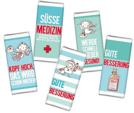 STEINBECK Gute Besserung 5 mal Mini Schokolade Vollmilch Tafel 5er Set Geschenk Mitgebsel Kopf Hoch süße Medizin Schutzengel Gesundheit Snack