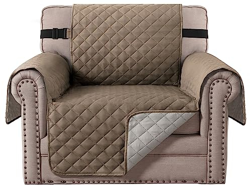 BellaHills Reversible Chair Covers Water Repellent Sofa Cover 1 Seater Sofa Slipcover from Pets Sofa Covers for Cats Checked Pattern Thick Quilted with Elastic Strap (Chair, Taupe/Beige)