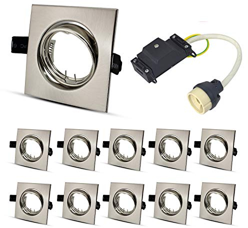 Lot de 10 cadre de montage spot encastrable,GU10 Cadre de Montage Pour Lampes A LED Ou Halogènes, livré avec douilles GU10, Orientable A 40°,IP20, Chrome brossé, carré, Ø 75 mm