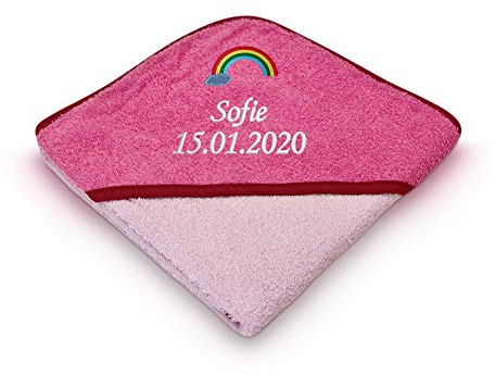 Direkt-Stick.de Baby Kapuzenhandtuch mit Namen und Geburtsdatum bestickt, 80x80 cm, 100% Baumwolle, Kapuzenbadetuch mit Stickerei, personalisiertes Geschenk Babyhandtuch (rosa)