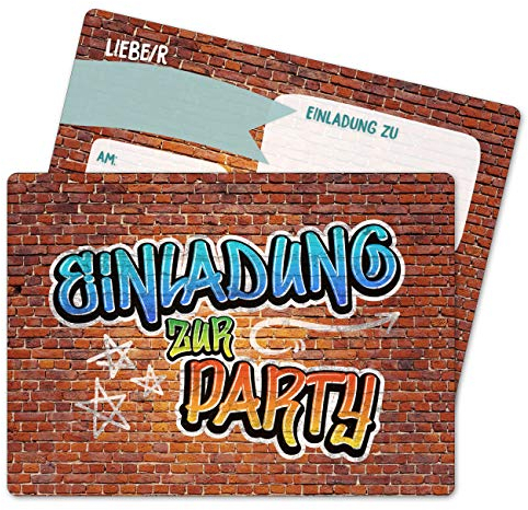 Papierdrachen 12 Einladungskarten zum Geburtstag für Teenager Jungs - Motiv Grafitti blau - Geburtstagseinladungen für Deine Geburtstagsparty (DIN A6 mit abgerundeten Ecken)