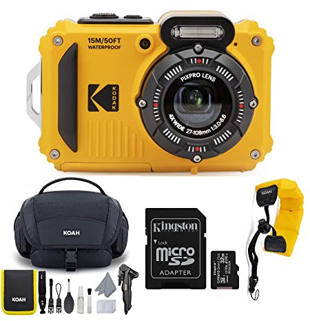 Kodak PIXPRO WPZ2 Rugged Waterproof 16MP Digital Camera with 4X Optical Zoom with Koah Nostrand Gadget Bag with Accessory Kit, 32GB UHS-I microSDHC, and Floating Strap Bundle (4 Items)
