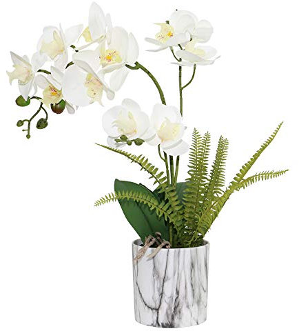 Olrla Weiß Künstliche Orchideenpflanze im Marmortopf, Pu Real Touch Fake Phalaenopsis Bonsai für Hochzeit Esstisch Herzstück Home Decor (Weiß 3)