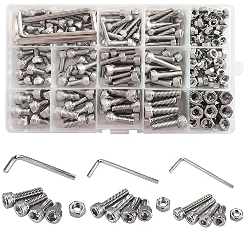 WeqeYent 267 Stück M4 M5 M6 Innensechskant Schrauben Set aus 304 Edelstahl Vollgewinde Zylinderschrauben mit Muttern, Edelstahl-Sechskopf-Knopf Schrauben Muttern