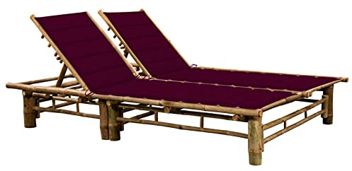 2-Personen-Sonnenliege mit Auflagen Bambus komfortable Liegepositionen weinrote Kissen 200 x 130 x 24-87 cm für Garten Entspannung