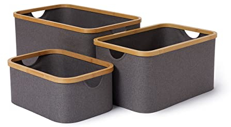 Lumaland Boîte de Rangement Rectangulaire à Cadre en Bambou - Panier de rangement Décoratif pour salle de bain - Lot de 3 Caisses 54 x 33 x H 26 cm / 45 x 30 x H 23 cm / 38 x 26 x H 16 cm - Gris