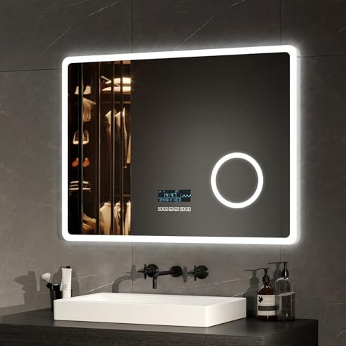 EMKE Miroir Salle de Bain LED 80 x 60 cm, avec Interrupteur Tactile + Anti-buée + Loupe 3 Fois + Bluetooth + Horloge