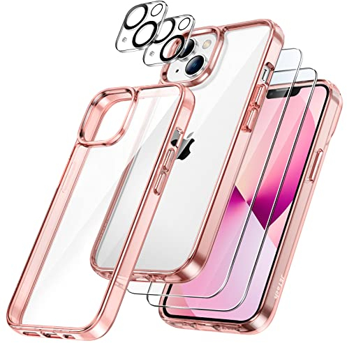 JETech 5 in 1 Hülle für iPhone 13 6,1 Zoll, mit 2 Stück Schutzfolie und 2 Stück Kameraschutz, Full Screen Panzer Schutz Glas Folie Displayschutz Kamera, Stoßfest Handyhülle (Roségold)