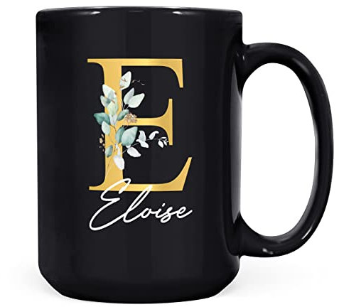 Personalised Letter E Floral Mug Initial with Name, Customised Gift, Gold Effect Printed Letter, NOT Metallic - Ceramic Coffee Cup for Men or Women, Extra Large and Giant Mug, 15oz Black Mug