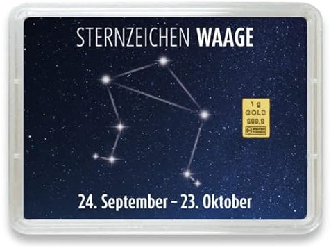 Goldstücke24 - Goldbarren mit Sternzeichen in Motivbox - Tolle Geschenkidee - Echtheitsgarantie (Waage: 24. September - 23. Oktober, 1g Gold)