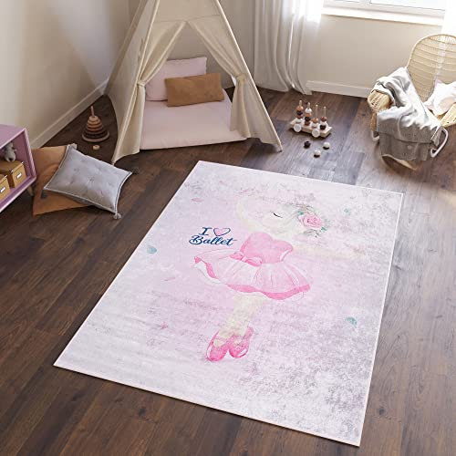 TAPISO Emma Teppich Waschbar bei 30 Grad Rosa Ballerina Ballett bedruckter Kinderteppich Antirutsch Kinderzimmer Jugendzimmer Modern ÖKO-TEX 160 x 230 cm