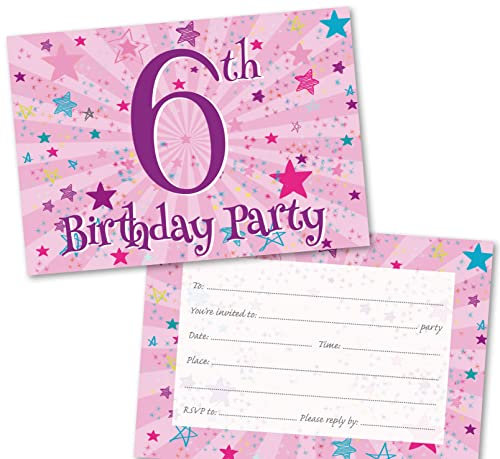 Age 6 Party Invitations Kids. Pack of 36. Pink Starburst Themed Invitation with Matching envelopes. 120 x 172mm. Party Invites, Birthday Party Invitations. Designed and Printed in UK.