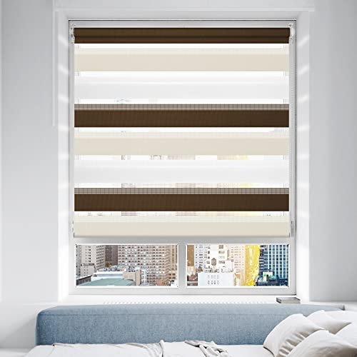 Doppelrollo Klemmfix ohne Bohren/mit Bohren, Duo Rollos für Fenster & Tür Weiß-Beige-Braun 70x220 (BxH) Lichtdurchlässig & Verdunkelnd Klemmrollo Fensterrollo Sonnenschutz Duo Rollo