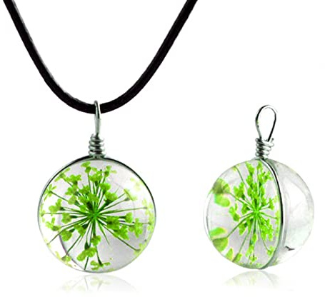 Collier avec pendentif en forme de boule de verre en cristal transparent avec fleur séchée naturelle, vert