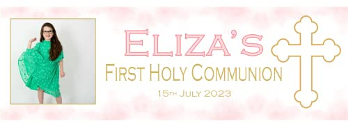 Personalisierte Erstkommunion Dekorationen Banner für Mädchen oder Jungen Rosa oder Blau & Gold 1. Party Dekor Konfirmation mit Fotohintergrund Girlande (Rosa)