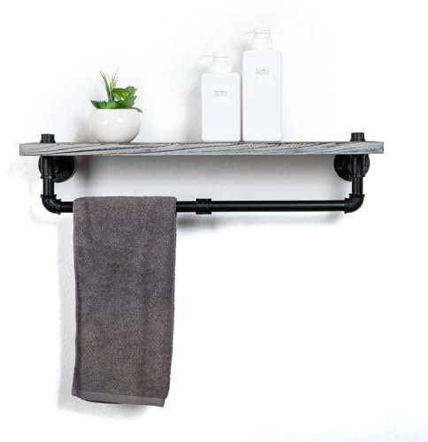 ExoLiry Porte-serviettes mural en bois torché de style rustique avec barre en métal industriel, support flottant, étagère de salle de bain, cuisine, débarbouillettes, fournitures de toilette,