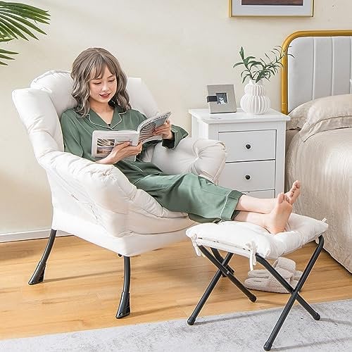 COSTWAY Fauteuil Salon Scandinave avec Repose-Pieds, Fauteuil Relax avec Oreiller et Poche Latérale, Fauteuil Chambre Confortable pour Lecture, Cadre en Métal pour Charger de 150 KG, Beige